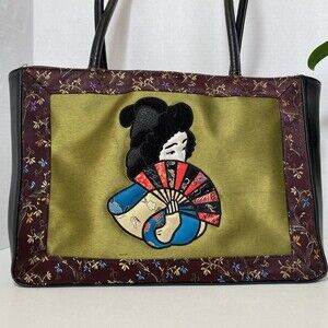 Geisha Shoulder Bag Jade Satin Embroidered Floral Black Leather Weekender Bueno